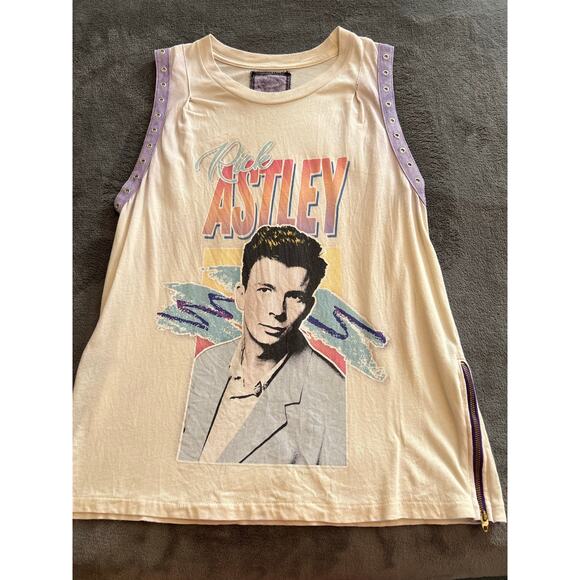 Rick Astley Graphic Sleeveless Top Studded Sides Zip Detail Cream - S - Picture 3 of 6